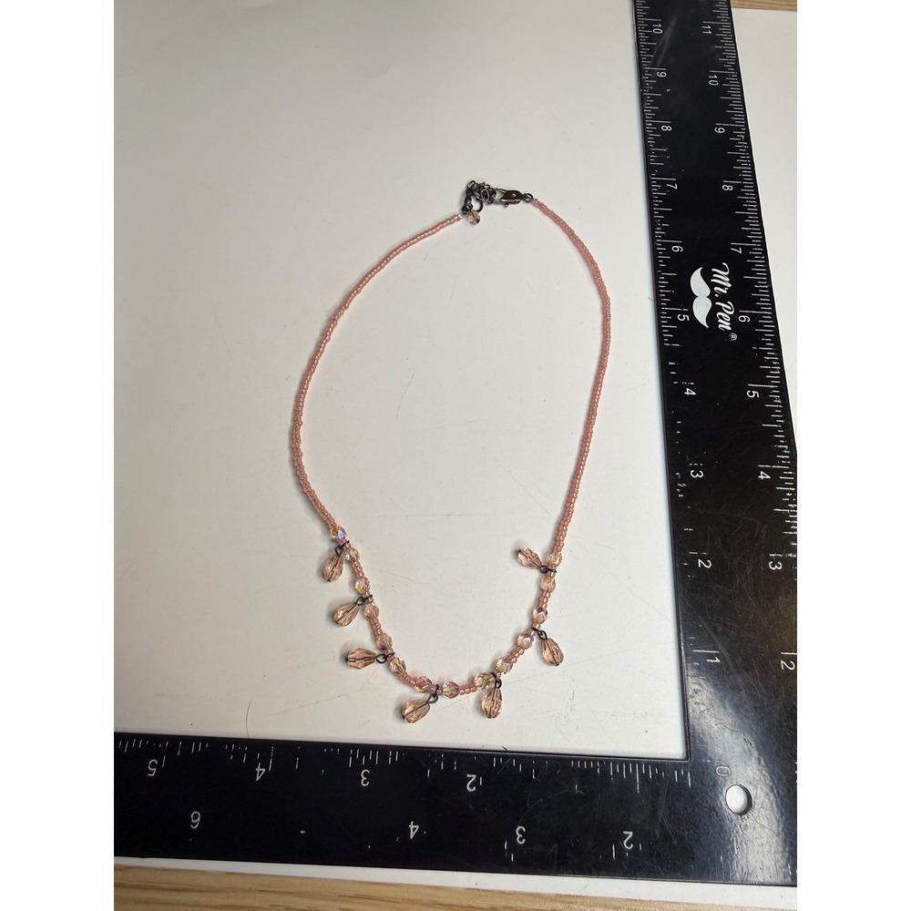Peach Iridescent Glass Beaded Teardrop Charm Necklace Gunmetal Hardware 15-17in